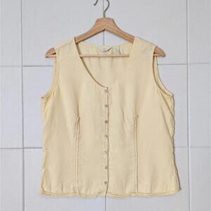 Vintage J. Jill 100% linen butter yellow button front raw edge tank top